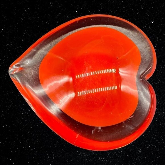 Art Glass Cased Clear Red Heart Shaped Paperweight Figurine 1”T 3”W - Picture 5 of 10